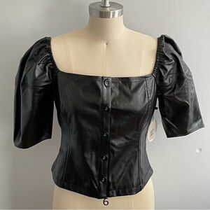 Lost + Wander Puff Sleeve Faux Leather Top- Black- Size Small- NWT- Sample